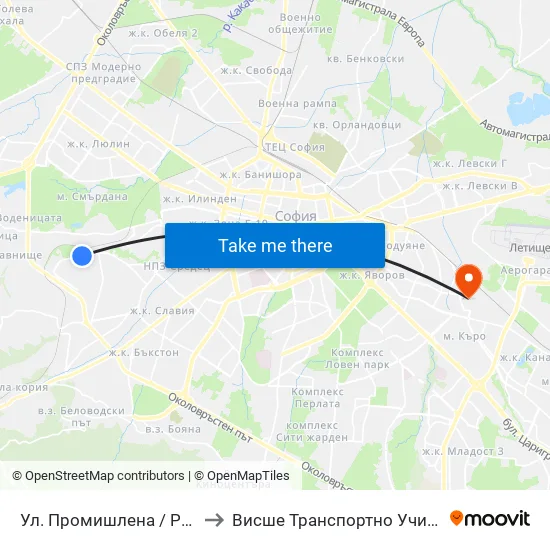 Ул. Промишлена / Promishlena St. (2141) to Висше Транспортно Училище Тодор Каблешков map