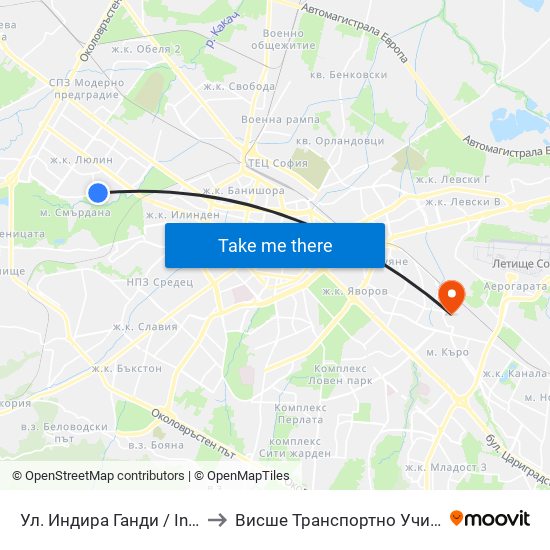 Ул. Индира Ганди / Indira Gandhi St. (1961) to Висше Транспортно Училище Тодор Каблешков map