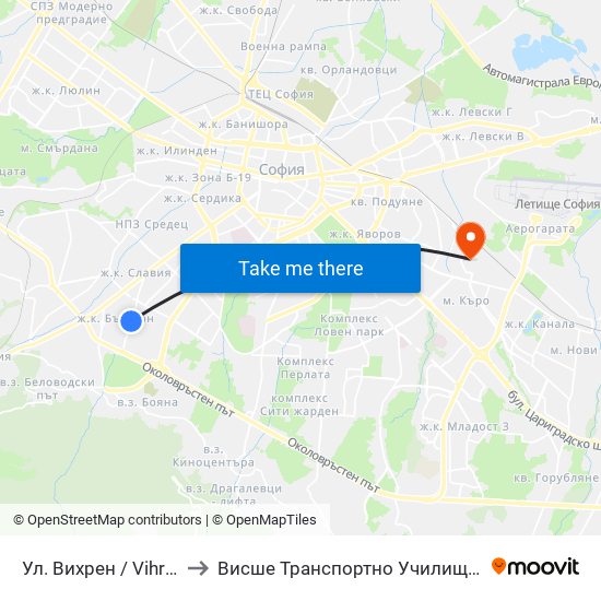 Ул. Вихрен / Vihren St. (1878) to Висше Транспортно Училище Тодор Каблешков map
