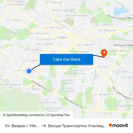 Ул. Вихрен / Vihren St. (1878) to Висше Транспортно Училище Тодор Каблешков map