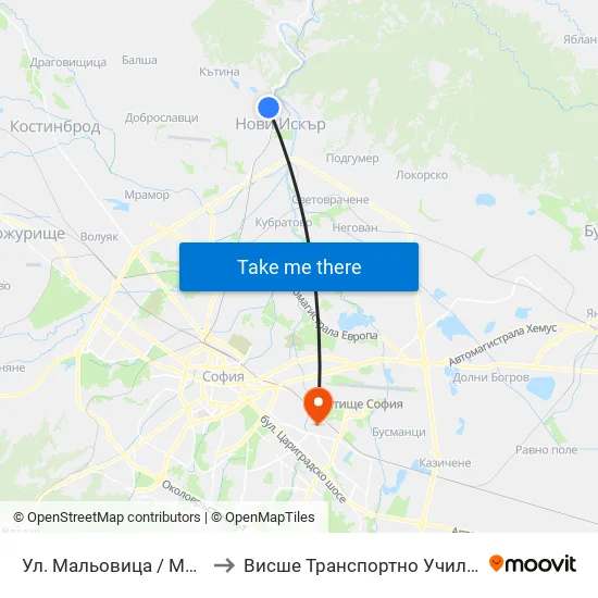Ул. Мальовица / Malyovitsa St. (2539) to Висше Транспортно Училище Тодор Каблешков map