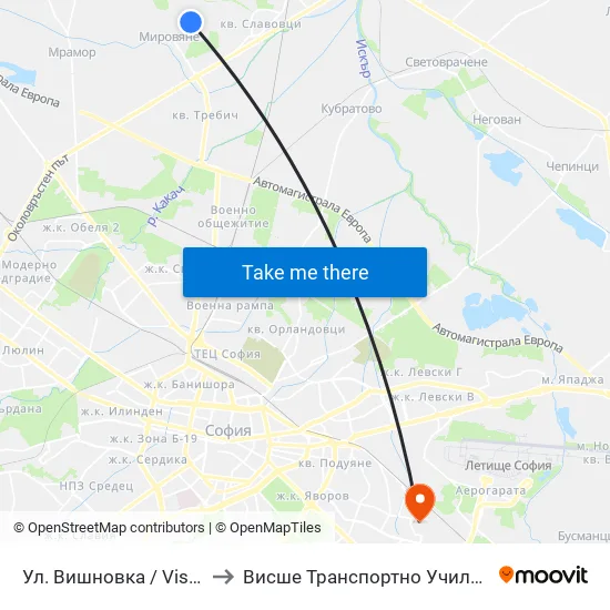 Ул. Вишновка / Vishnovka St. (2631) to Висше Транспортно Училище Тодор Каблешков map