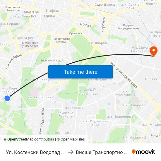 Ул. Костенски Водопад / Kostenski Vodopad St. (6277) to Висше Транспортно Училище Тодор Каблешков map