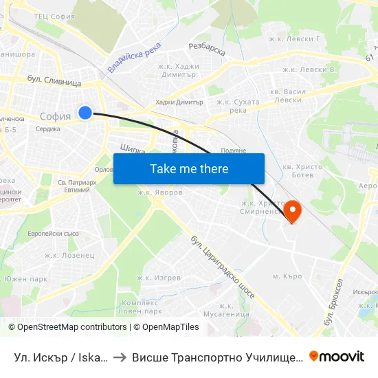 Ул. Искър / Iskar St. (1962) to Висше Транспортно Училище Тодор Каблешков map