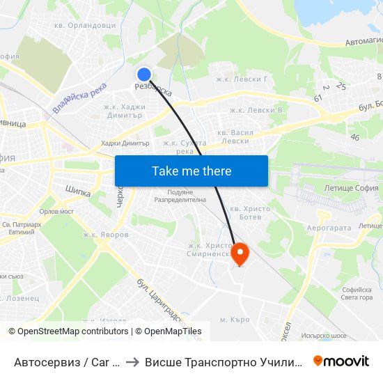 Автосервиз / Car Service (0514) to Висше Транспортно Училище Тодор Каблешков map