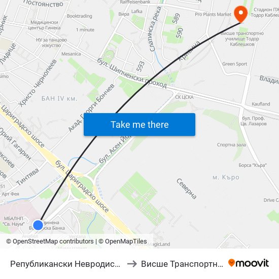 Републикански Невродиспансер / National Neurology Clinic (0494) to Висше Транспортно Училище Тодор Каблешков map