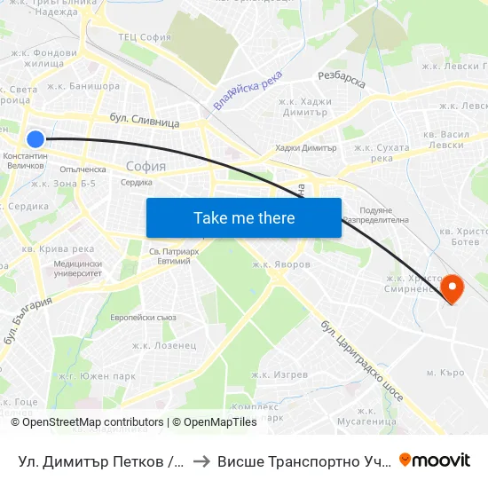 Ул. Димитър Петков / Dimitar Petkov St. (1927) to Висше Транспортно Училище Тодор Каблешков map
