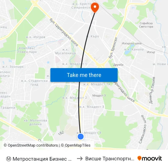 Ⓜ️ Метростанция Бизнес Парк / Business Park Metro Station (2491) to Висше Транспортно Училище Тодор Каблешков map