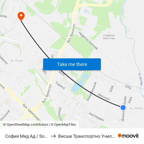 София Мед Ад / Sofia Med Jsc (0975) to Висше Транспортно Училище Тодор Каблешков map