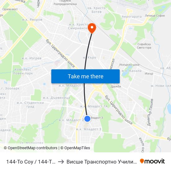 144-То Соу / 144-Th School (2276) to Висше Транспортно Училище Тодор Каблешков map