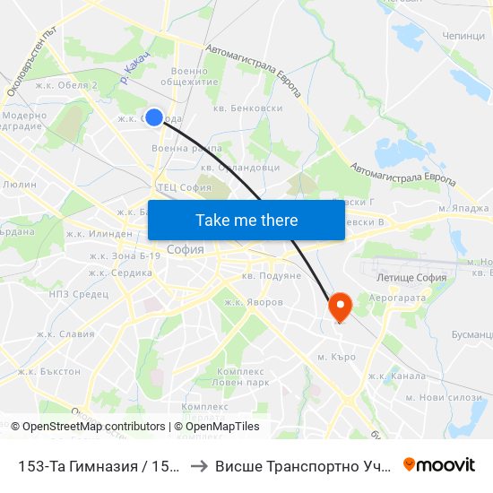 153-Та Гимназия / 153-Th High School (2274) to Висше Транспортно Училище Тодор Каблешков map