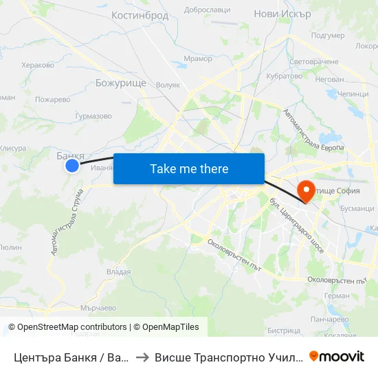 Центъра Банкя / Bankya Centre (0502) to Висше Транспортно Училище Тодор Каблешков map