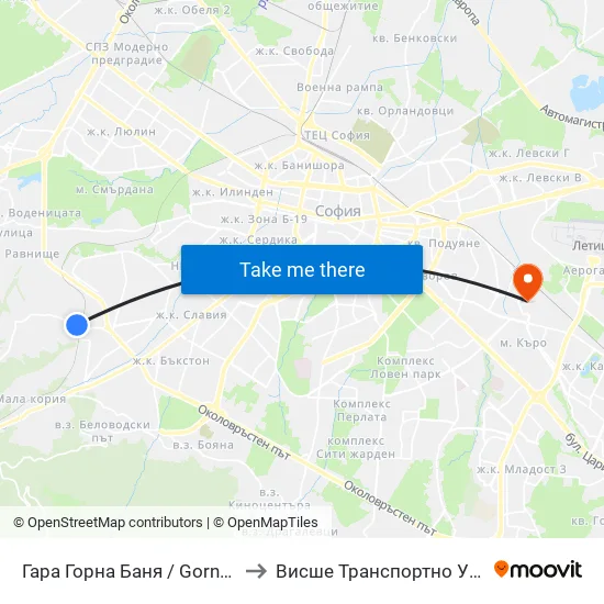 Гара Горна Баня / Gorna Banya Train Station (0480) to Висше Транспортно Училище Тодор Каблешков map