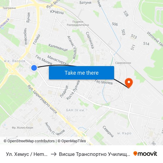 Ул. Хемус / Hemus St. (2235) to Висше Транспортно Училище Тодор Каблешков map