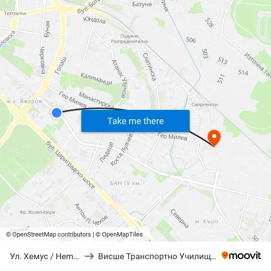 Ул. Хемус / Hemus St. (2235) to Висше Транспортно Училище Тодор Каблешков map