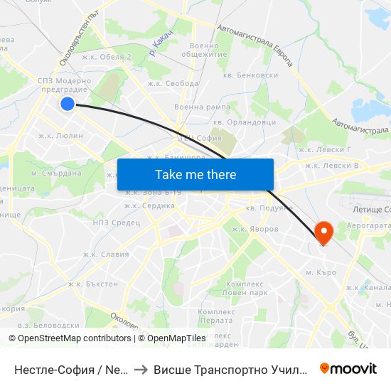 Нестле-София / Nestle Sofia (1141) to Висше Транспортно Училище Тодор Каблешков map