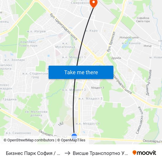 Бизнес Парк София / Business Park Sofia (2625) to Висше Транспортно Училище Тодор Каблешков map