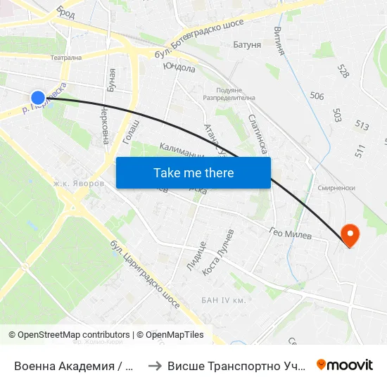 Военна Академия / Military Academy (0441) to Висше Транспортно Училище Тодор Каблешков map