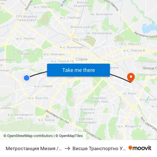 Ⓜ️ Метростанция Мизия / Moesia Metro Station (0813) to Висше Транспортно Училище Тодор Каблешков map