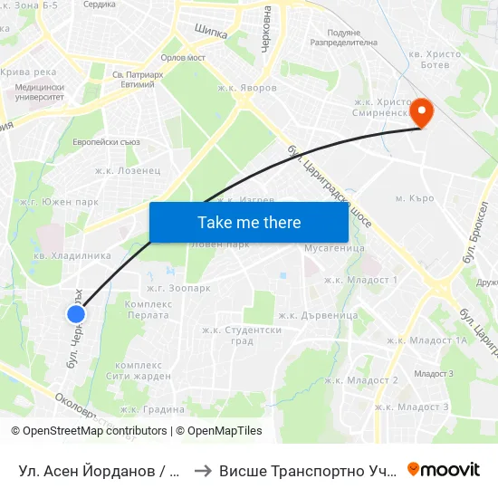Ул. Асен Йорданов / Asen Yordanov St. (0783) to Висше Транспортно Училище Тодор Каблешков map