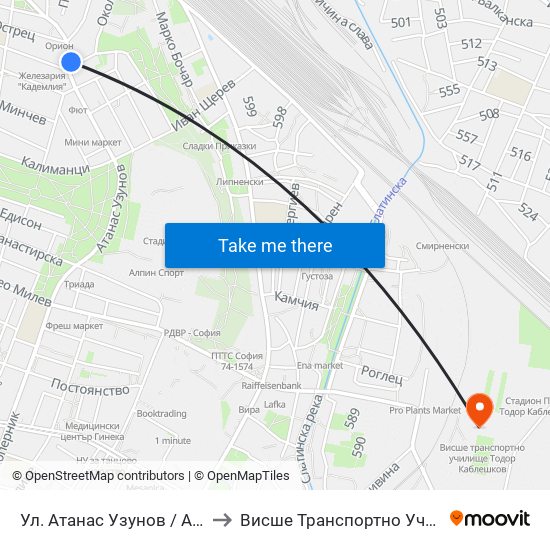 Ул. Атанас Узунов / Atanas Uzunov St. (1830) to Висше Транспортно Училище Тодор Каблешков map