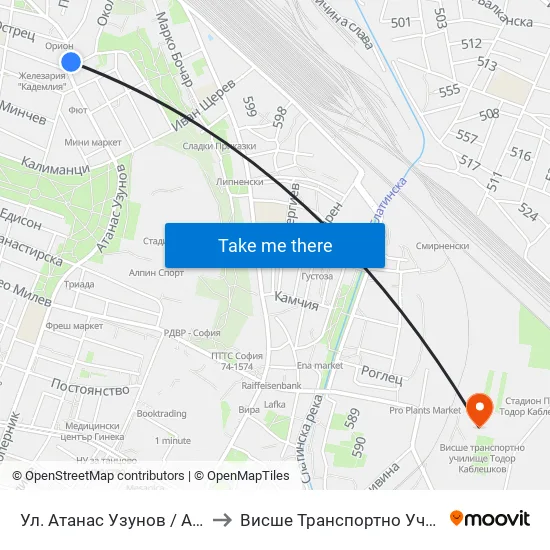 Ул. Атанас Узунов / Atanas Uzunov St. (1830) to Висше Транспортно Училище Тодор Каблешков map