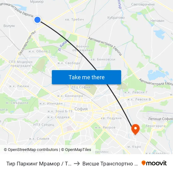 Тир Паркинг Мрамор / Tir Parking Mramor Village (2691) to Висше Транспортно Училище Тодор Каблешков map