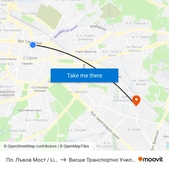 Ⓜ️ Пл. Лъвов Мост / Lions' Bridge (1277) to Висше Транспортно Училище Тодор Каблешков map