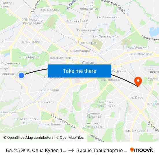 Бл. 25 Ж.К. Овча Купел 1 / Bl. 25, Ovcha Kupel 1 Qr. (0174) to Висше Транспортно Училище Тодор Каблешков map