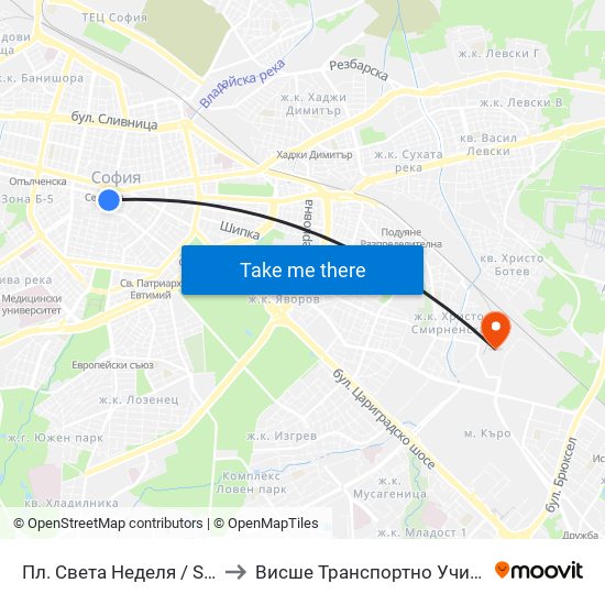 Пл. Света Неделя / St. Nedelya Sq. (1307) to Висше Транспортно Училище Тодор Каблешков map