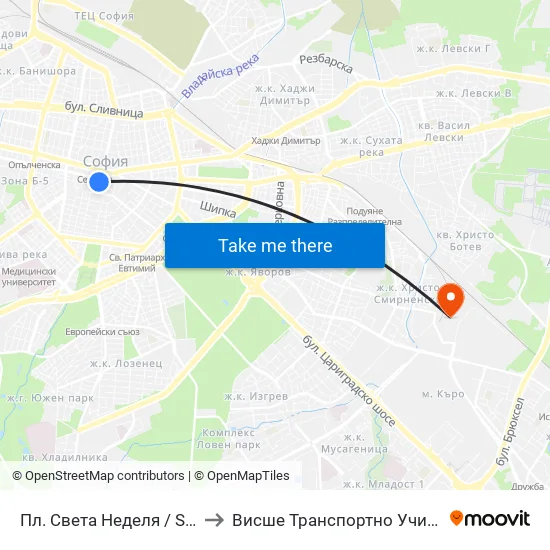 Пл. Света Неделя / St. Nedelya Sq. (1307) to Висше Транспортно Училище Тодор Каблешков map