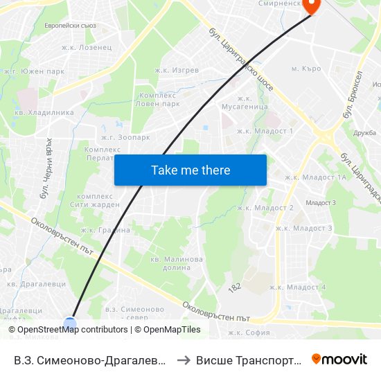 В.З. Симеоново-Драгалевци / Simeonovo-Dragalevtsi Villa Zone (0782) to Висше Транспортно Училище Тодор Каблешков map