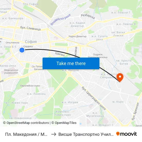 Пл. Македония / Macedonia Sq. (1284) to Висше Транспортно Училище Тодор Каблешков map