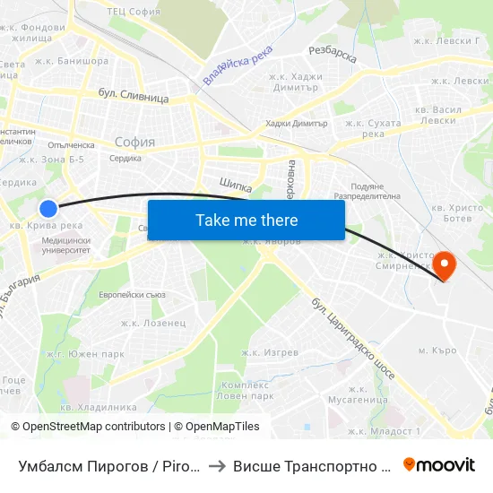 Умбалсм Пирогов / Pirogov Emergency Hospital (0760) to Висше Транспортно Училище Тодор Каблешков map