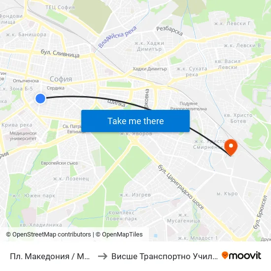 Пл. Македония / Macedonia Sq. (1282) to Висше Транспортно Училище Тодор Каблешков map