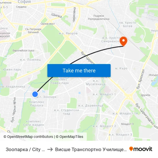 🐘 Зоопарка / City Zoo (0749) to Висше Транспортно Училище Тодор Каблешков map