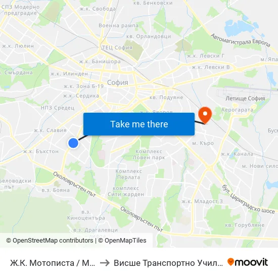 Ж.К. Мотописта / Motopista Qr. (0671) to Висше Транспортно Училище Тодор Каблешков map