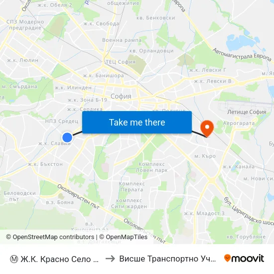 Ⓜ️ Ж.К. Красно Село / Krasno Selo Qr. (0639) to Висше Транспортно Училище Тодор Каблешков map