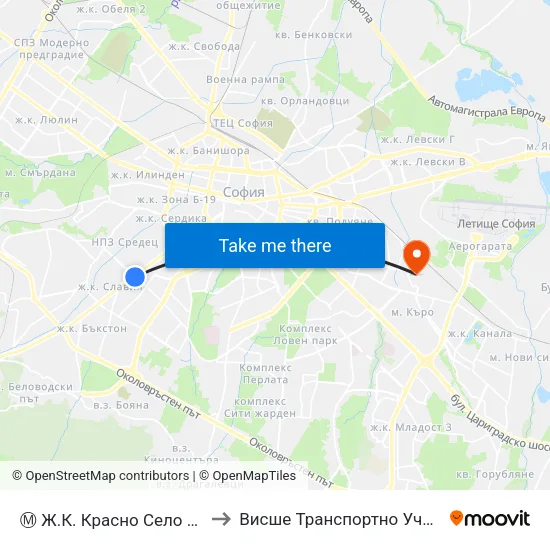 Ⓜ️ Ж.К. Красно Село / Krasno Selo Qr. (0640) to Висше Транспортно Училище Тодор Каблешков map