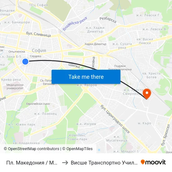 Пл. Македония / Macedonia Sq. (1279) to Висше Транспортно Училище Тодор Каблешков map