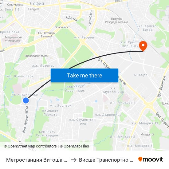 Метростанция Витоша / Vitosha Metro Station (2755) to Висше Транспортно Училище Тодор Каблешков map