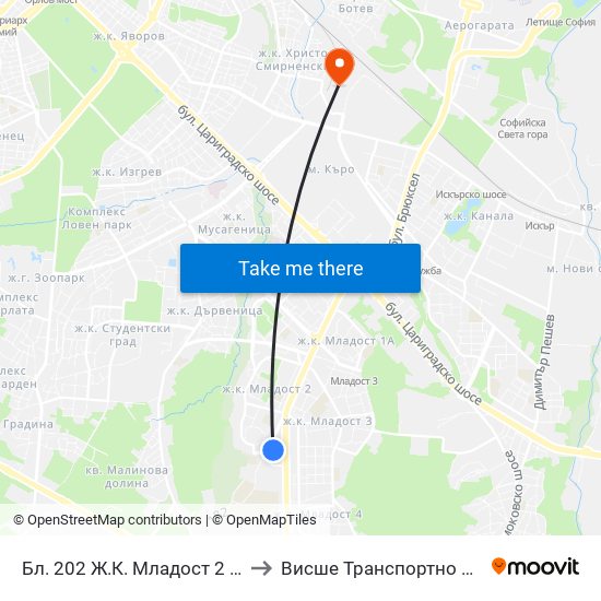 Бл. 202 Ж.К. Младост 2 / Bl. 202, Mladost 2 Qr. (0155) to Висше Транспортно Училище Тодор Каблешков map