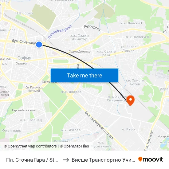 Пл. Сточна Гара / Stochna Gara Sq. (1321) to Висше Транспортно Училище Тодор Каблешков map