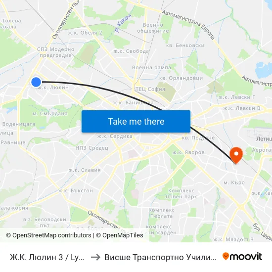 Ж.К. Люлин 3 / Lyulin 3 Qr. (0653) to Висше Транспортно Училище Тодор Каблешков map