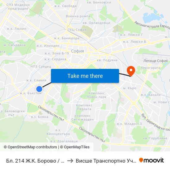 Бл. 214 Ж.К. Борово / Bl. 214, Borovo Qr. (0165) to Висше Транспортно Училище Тодор Каблешков map