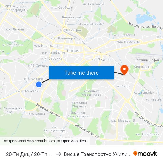 20-Ти Дкц / 20-Th Polyclinic (0017) to Висше Транспортно Училище Тодор Каблешков map