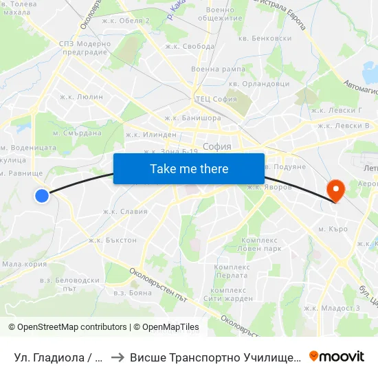 Ул. Гладиола / Gladiola St. to Висше Транспортно Училище Тодор Каблешков map