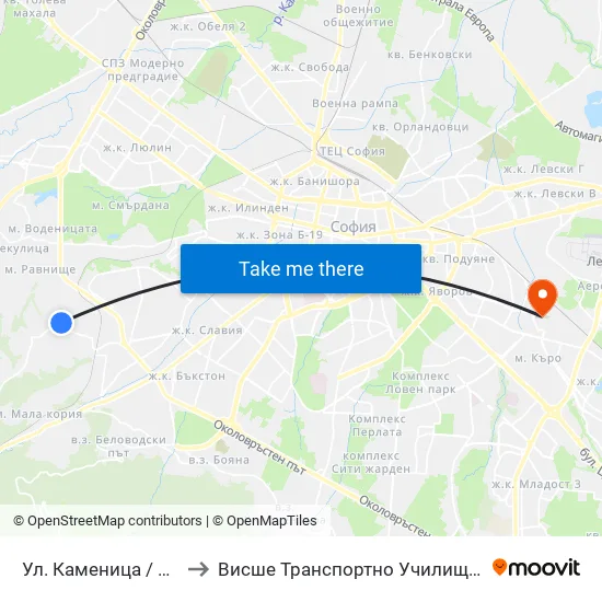 Ул. Каменица / Kamenitsa St. to Висше Транспортно Училище Тодор Каблешков map