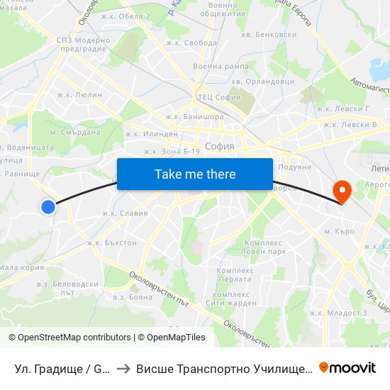 Ул. Градище / Gradishte St. to Висше Транспортно Училище Тодор Каблешков map