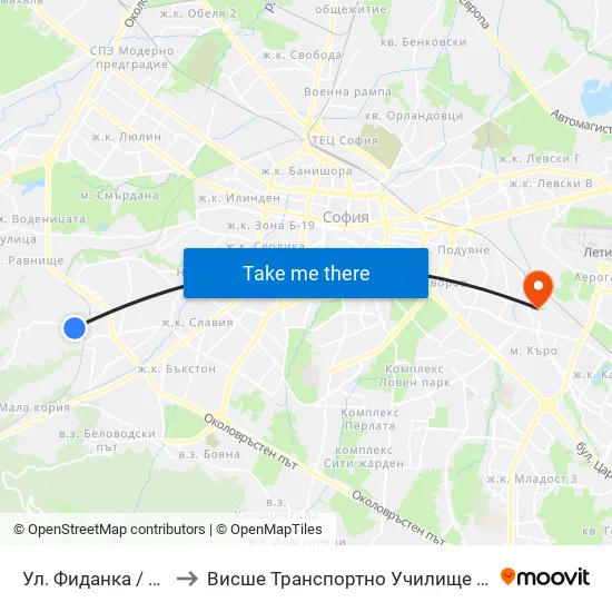 Ул. Фиданка / Fidanka St. to Висше Транспортно Училище Тодор Каблешков map